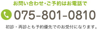 お問い合わせ・ご予約はお電話で TEL:075-801-0810 初診・再診とも予約優先でのお受付になります。